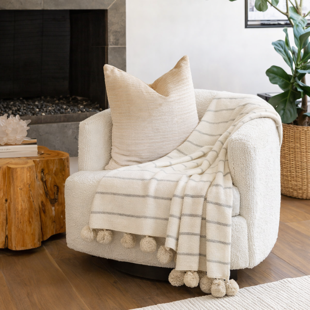 Ivory Pom Pom Striped Woven Throw Blanket - 50x60
