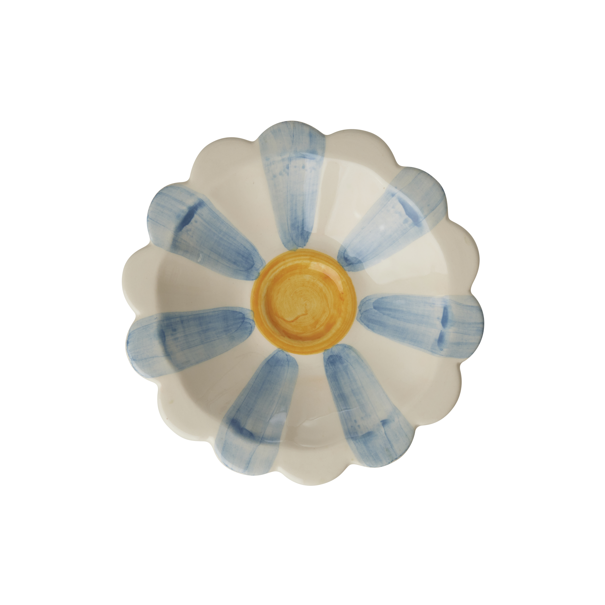 Handmade Ceramic Flower Bowl with Blue Hand Painted Stripes