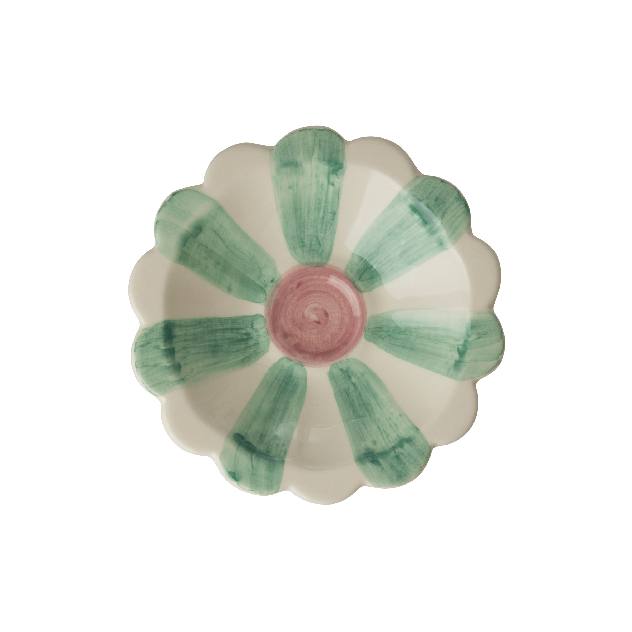 Handmade Ceramic Flower Bowl with Green Hand Painted Stripes