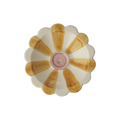 Handmade Ceramic Flower Bowl with Yellow Hand Painted Stripes