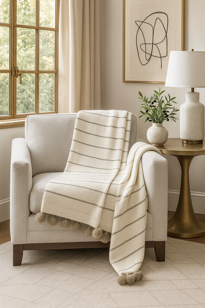 Ivory Pom Pom Striped Woven Throw Blanket - 50x60