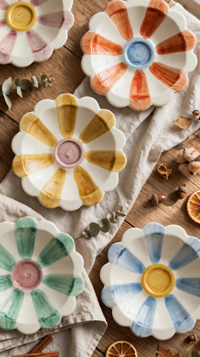 Handmade Ceramic Flower Bowl with Orange Hand Painted Stripes