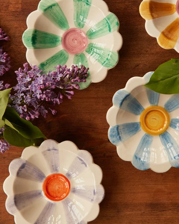 Handmade Ceramic Flower Bowl with Orange Hand Painted Stripes