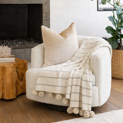 Ivory Pom Pom Striped Woven Throw Blanket - 50x60