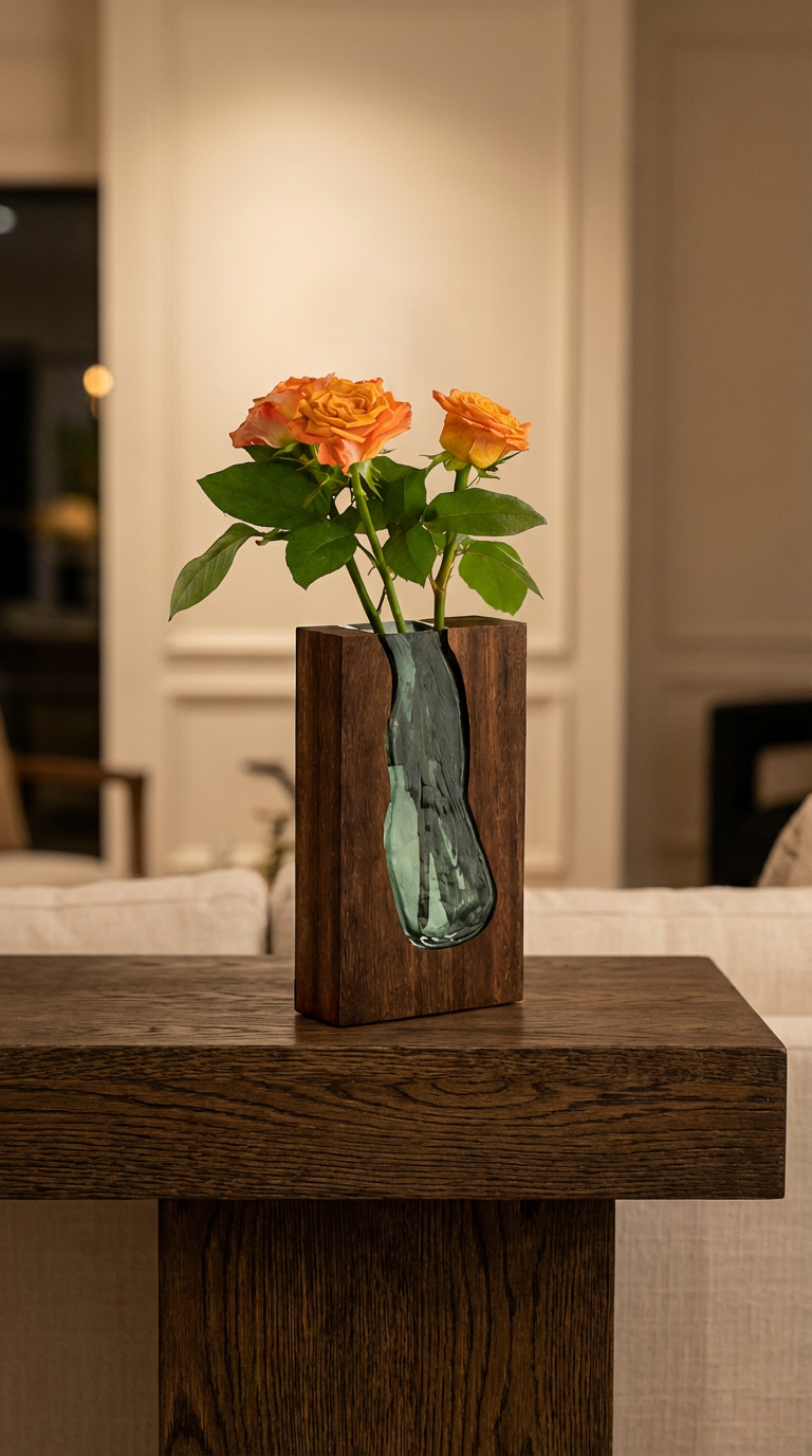 Handmade Crystal & Wood Live Edge Vase